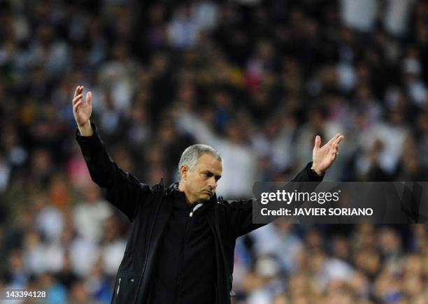 Real Madrid's Portuguese coach Jose Mourinho reacts during the UEFA Champions League second leg semi-final football match Real Madrid against Bayern...