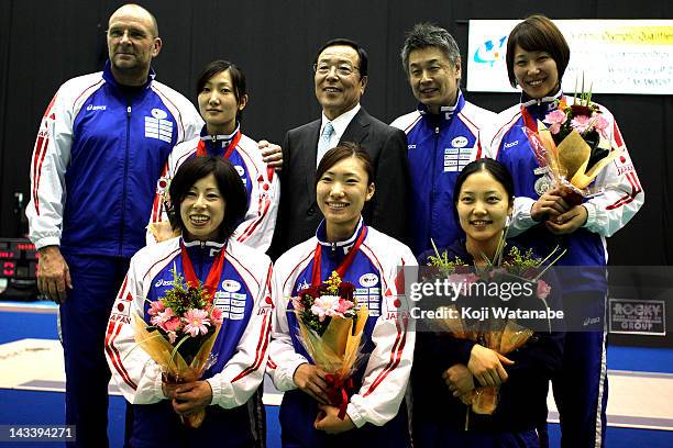 Chieko Sugawara and Kyomi Hirata and Hanae Ikehata and Chie Yoshizawa and Siho Nishioka of Japan pose after winning the Silver medal in the Women's...