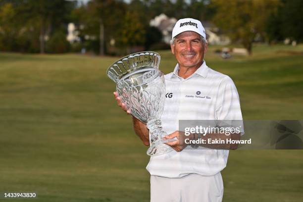 Fred Couples poses with the trophy after winning the SAS Championship at Prestonwood Country Club on October 16, 2022 in Cary, North Carolina.