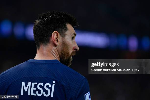 Leo Messi of Paris Saint-Germain looks on during the Ligue 1 match between Paris Saint-Germain and Olympique Marseille at Parc des Princes on October...