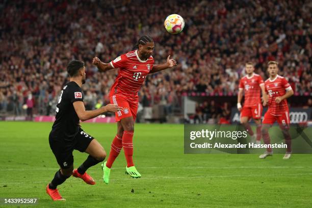 Serge Gnabry of FC Bayern München scores the opening goal during the Bundesliga match between FC Bayern München and Sport-Club Freiburg at Allianz...