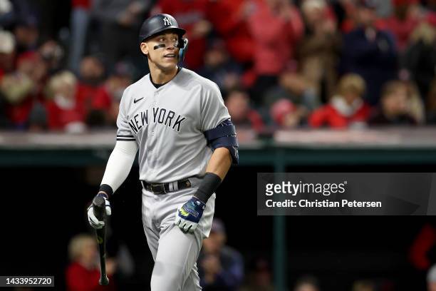Aaron Judge of the New York Yankees looks on after striking out against the Cleveland Guardians during the first inning in game four of the American...