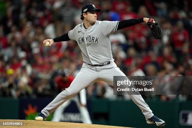 Gerrit Cole of the New York Yankees delivers a pitch against the Cleveland Guardians during the first inning in game four of the American League...