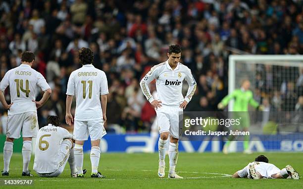 Cristiano Ronaldo of Real Madrid reacts during a penalty shoot out during the UEFA Champions League Semi Final second leg between Real Madrid CF and...