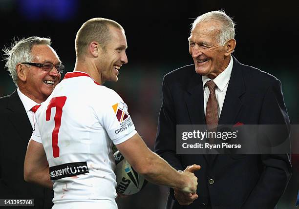 Dragons Legend Norm Provan congratulates Ben Hornby of the Dragons as he claims the Dragons games record after the round eight NRL match between the...