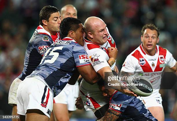 Michael Weyman of the Dragons passes during the round eight NRL match between the St George Illawarra Dragons and the Sydney Roosters at Allianz...
