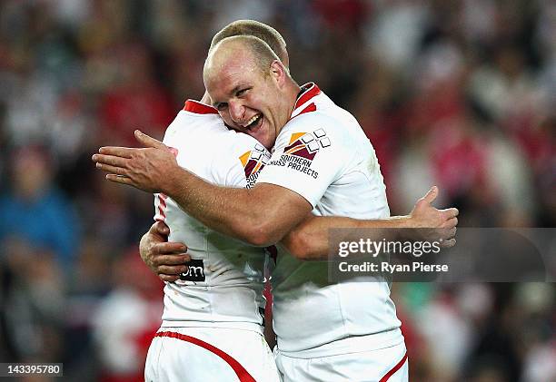 Michael Weyman of the Dragons celebrates during the round eight NRL match between the St George Illawarra Dragons and the Sydney Roosters at Allianz...