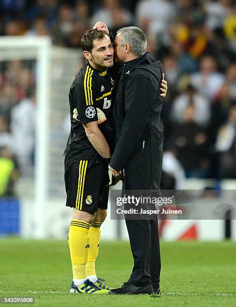 Iker Casillas of Real Madrid speaks to head coach Jose Mourinho of Real Madrid during the UEFA Champions League Semi Final second leg between Real...