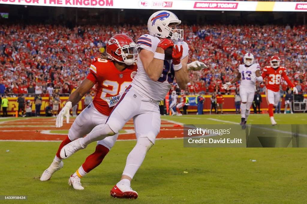 Dawson Knox of the Buffalo Bills catches a pass in front of Justin News  Photo - Getty Images