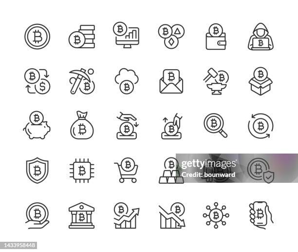 blockchain and cryptocurrency line icons. editable stroke. - security token stock illustrations