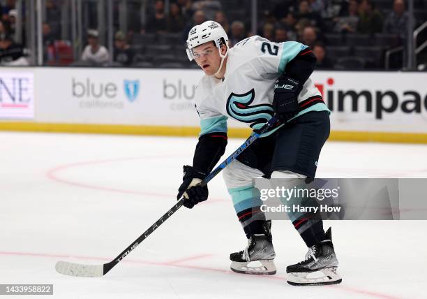 Karson Kuhlman of the Seattle Kraken skates during a 4-1 win over the Los Angeles Kings at Crypto.com Arena on October 13, 2022 in Los Angeles,...