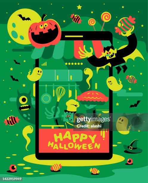 es ist halloween-zeit, frankenstein trägt einen kürbiskuchen und drahtschneebesen in einem restaurant aus smartphone, vampir hält süßigkeitenfliegen am himmel - frankenstein's monster stock-grafiken, -clipart, -cartoons und -symbole