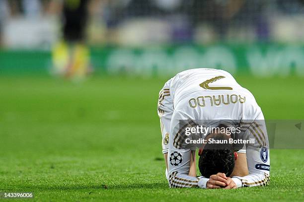 Cristiano Ronaldo of Real Madrid reacts during the UEFA Champions League Semi Final second leg between Real Madrid CF and Bayern Munich at The...