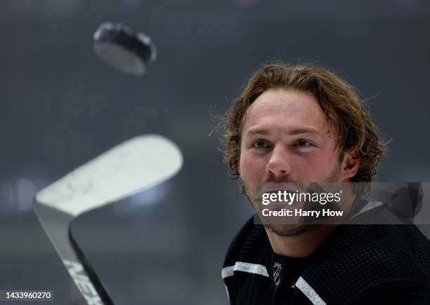 Brendan Lemieux of the Los Angeles Kings warms up before the game against the Seattle Kraken at Crypto.com Arena on October 13, 2022 in Los Angeles,...