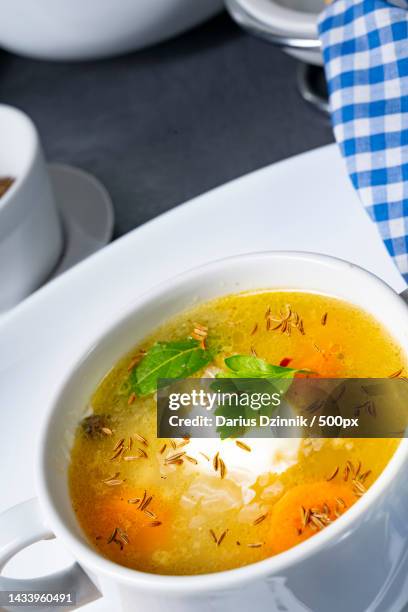 delicious old polish caraway soup with cream - bouillon stock pictures, royalty-free photos & images