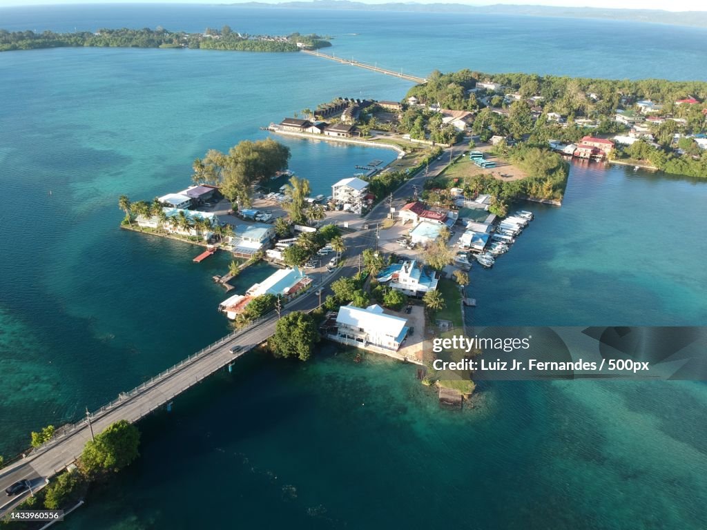High angle view of sea and buildings against sky,Koror,Palau