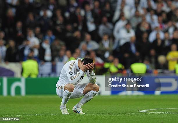 Cristiano Ronaldo is dejected after missing his penalty during the UEFA Champions League second leg semi-final match between Real Madrid and Bayern...