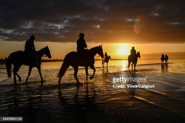 Bec Shanks riding Alligator Blood alongside the Waterhouse and Bott racing team during a beach trackwork session at Altona beach on October 17, 2022...