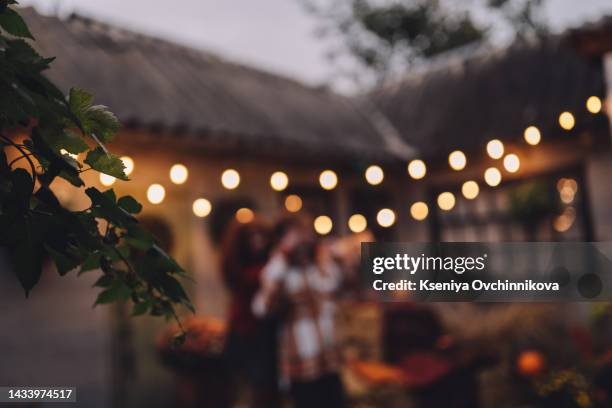 many light bulbs on the wire. lighting in the cafe. garland of lamps - patio lights stock-fotos und bilder