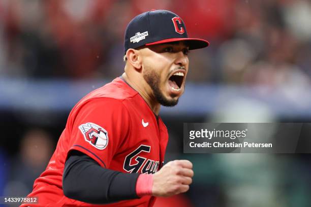 Gabriel Arias of the Cleveland Guardians reacts after a double play against the New York Yankees during the fifth inning in game four of the American...