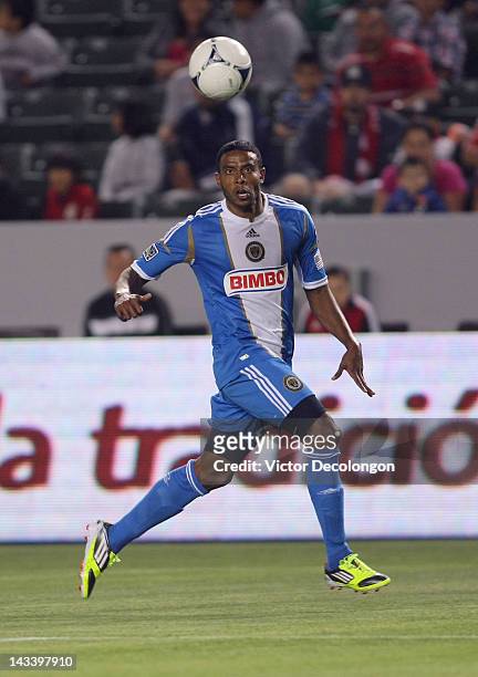 Lionard Pajoy of Philadelphia Union tracks the ball on the left wing during the MLS match against Chivas USA at The Home Depot Center on April 21,...