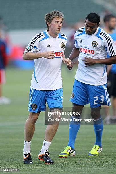 Brian Carroll and Lionard Pajoy of Philadelphia Union warm up prior to their MLS match against Chivas USA at The Home Depot Center on April 21, 2012...