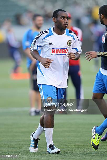 Amobi Okugo of Philadelphia Union warms up prior to the MLS match against Chivas USA at The Home Depot Center on April 21, 2012 in Carson,...