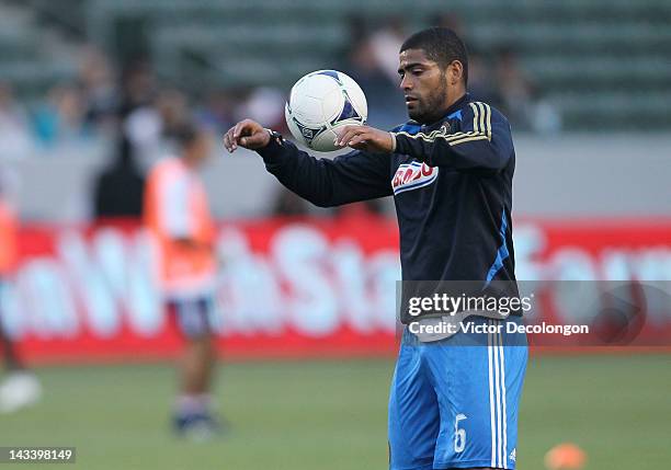 Gabriel Gomez of Philadelphia Union warms up prior to the MLS match against Chivas USA at The Home Depot Center on April 21, 2012 in Carson,...