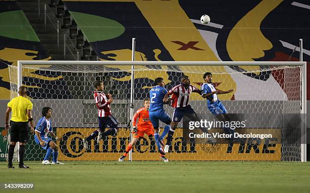 Sheanon Williams of Philadelphia Union heads clear of the goal box during the MLS match against Chivas USA at The Home Depot Center on April 21, 2012...