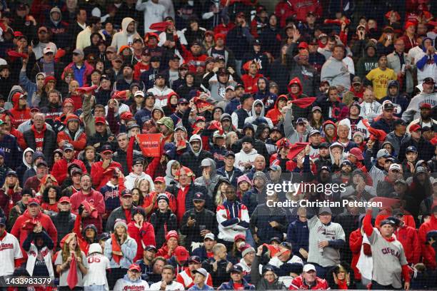 Fans look on during the fifth inning in game four of the American League Division Series between the New York Yankees and Cleveland Guardians at...