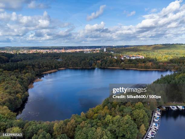 high angle view of lake against sky,silkeborg,denmark - silkeborg stock pictures, royalty-free photos & images