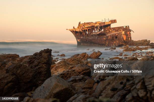 scenic view of sea against clear sky during sunset,cape agulhas,south africa - wrack stock-fotos und bilder