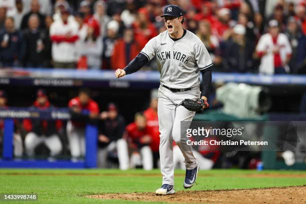 Gerrit Cole of the New York Yankees reacts after a strikeout against the Cleveland Guardians during the seventh inning in game four of the American...