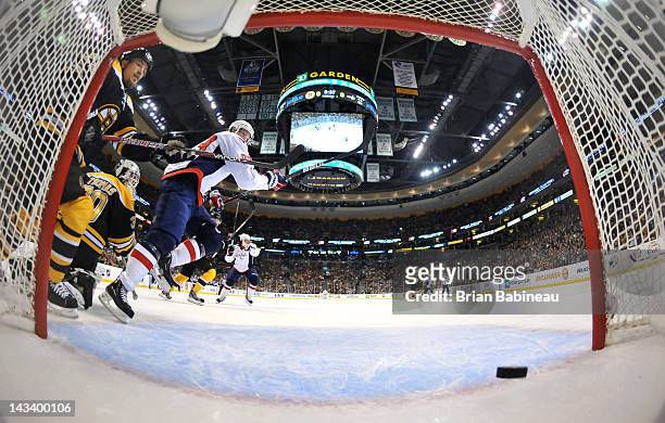 Matt Hendricks of the Washington Capitals scores a goal against the Boston Bruins in Game Seven of the Eastern Conference Quarterfinals during the...