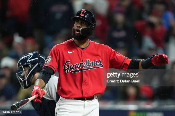 Amed Rosario of the Cleveland Guardians reacts after striking out against the New York Yankees during the eighth inning in game four of the American...