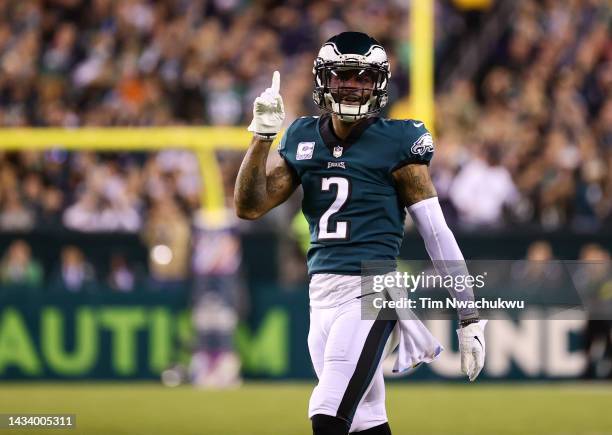 Darius Slay of the Philadelphia Eagles celebrates after a play during the first half of the game at Lincoln Financial Field on October 16, 2022 in...