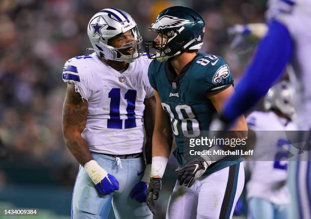 Micah Parsons of the Dallas Cowboys gets in the face of Dallas Goedert of the Philadelphia Eagles after a play in the third quarter during the game...