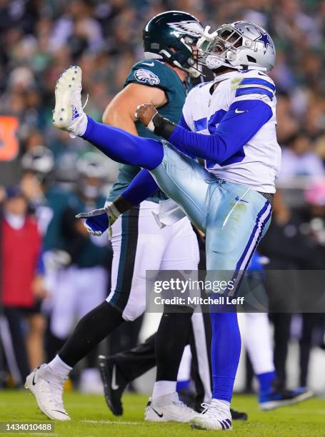 Dante Fowler Jr. #56 of the Dallas Cowboys reacts after a play in the third quarter of the game against the Philadelphia Eagles at Lincoln Financial...