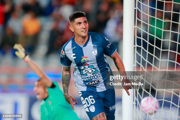 Victor Guzman of Pachuca celebrates after scoring his team's first goal during the quarterfinals second leg match between Pachuca and Tigres UANL as...