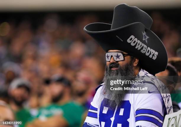 Dallas Cowboys fan looks on during the game between the Dallas Cowboys and the Philadelphia Eagles at Lincoln Financial Field on October 16, 2022 in...