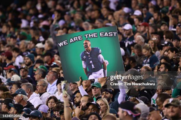 Philadelphia Eagles fan holds up a sign during the game between the Philadelphia Eagles and the Dallas Cowboys at Lincoln Financial Field on October...