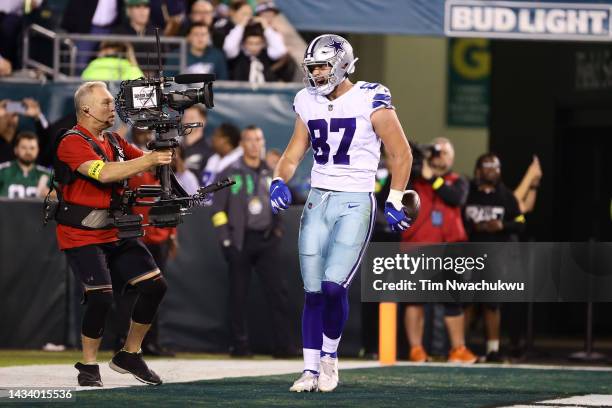 Jake Ferguson of the Dallas Cowboys celebrates after scoring a touchdown in the fourth quarter of the game against the Philadelphia Eagles at Lincoln...