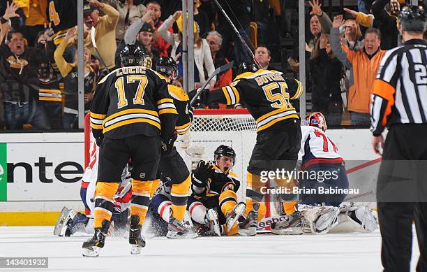 Tyler Seguin of the Boston Bruins scores a goal against the Washington Capitals in Game Seven of the Eastern Conference Quarterfinals during the 2012...