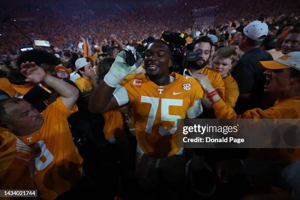 Offensive lineman Jerome Carvin of the Tennessee Volunteers celebrates the win over the Alabama Crimson Tide at Neyland Stadium on October 15, 2022...