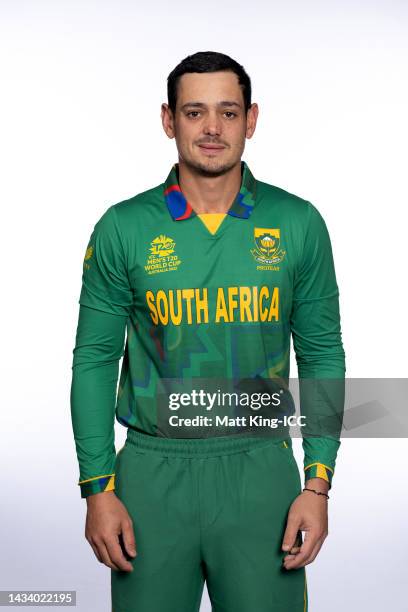 Quinton de Kock poses during the South Africa ICC Men's T20 Cricket World Cup 2022 team headshots at The Gabba on October 15, 2022 in Brisbane,...
