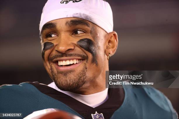 Jalen Hurts of the Philadelphia Eagles looks on after the game against the Dallas Cowboys at Lincoln Financial Field on October 16, 2022 in...