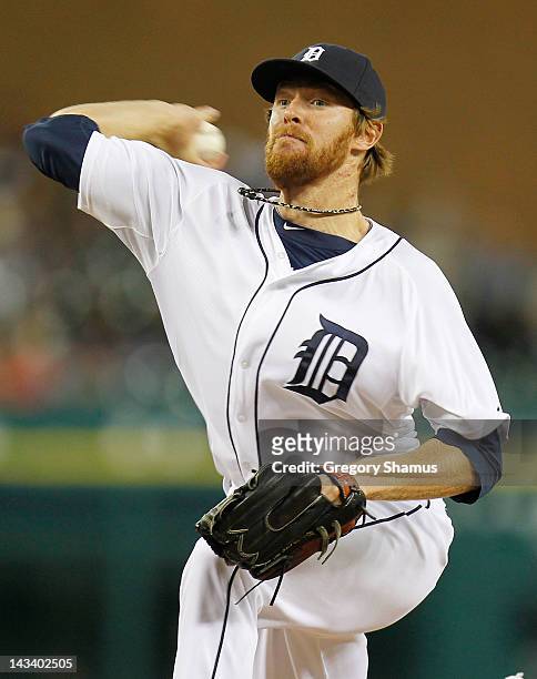 Collin Balester of the Detroit Tigers throws a sixth inning pitch while playing the Seattle Mariners at Comerica Park on April 25, 2012 in Detroit,...
