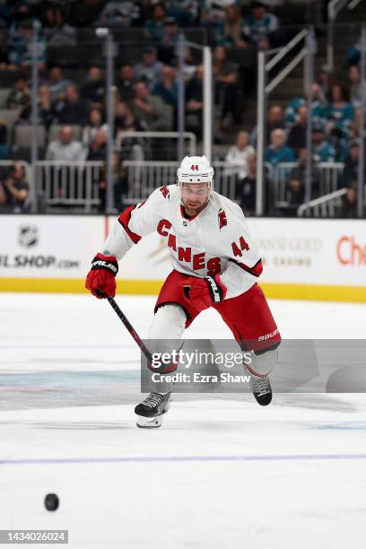 Calvin de Haan of the Carolina Hurricanes skates on the ice against the San Jose Sharks in the second period at SAP Center on October 14, 2022 in San...