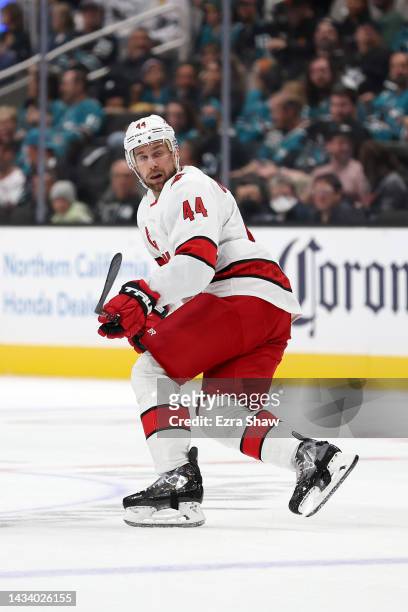 Calvin de Haan of the Carolina Hurricanes skates on the ice against the San Jose Sharks in the second period at SAP Center on October 14, 2022 in San...