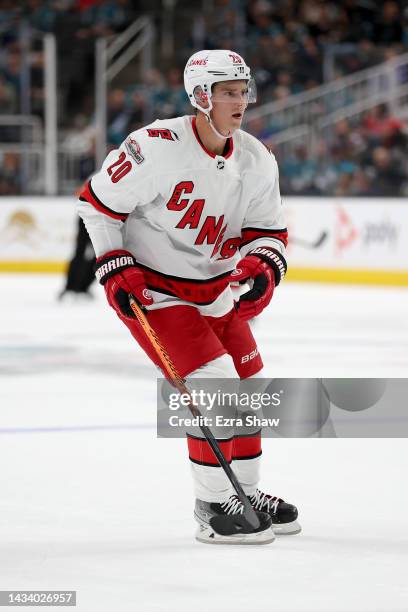 Sebastian Aho of the Carolina Hurricanes skates on the ice against the San Jose Sharks at SAP Center on October 14, 2022 in San Jose, California.